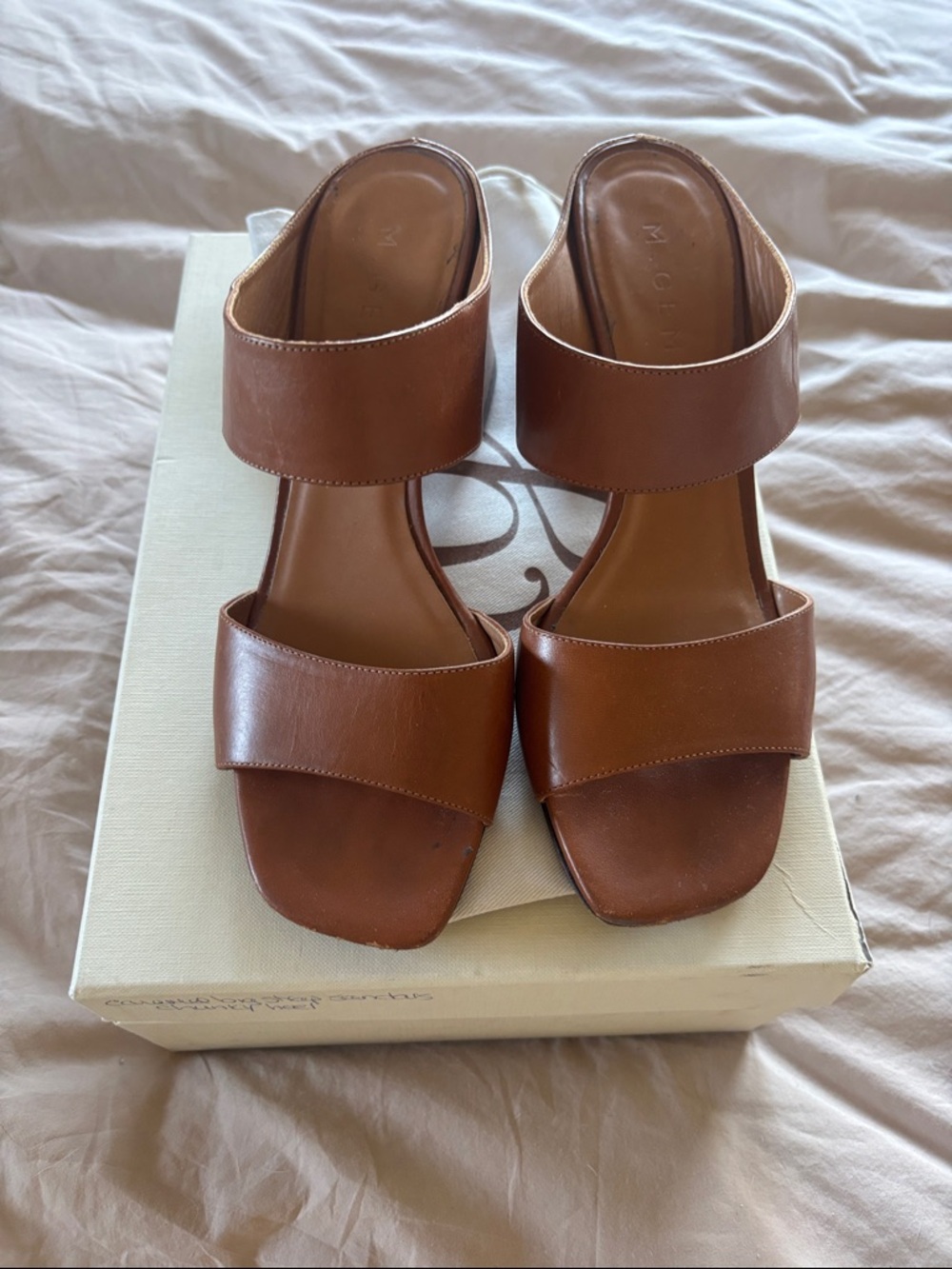 M. Gemi Tan Double-Strap Leather Slide Heels